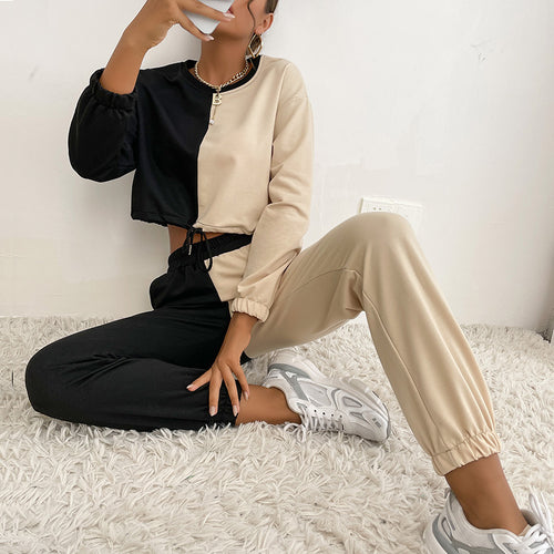 Damen Zweifarbiges Cropped-Jogging-Set mit Tunnelzug, elastischen Bündchen und Boxy-Schnitt Shop Nory