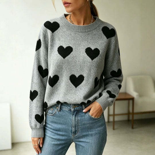 Damen Herz-Intarsien Rundhalspullover mit lässiger Oversize-Passform Shop Nory