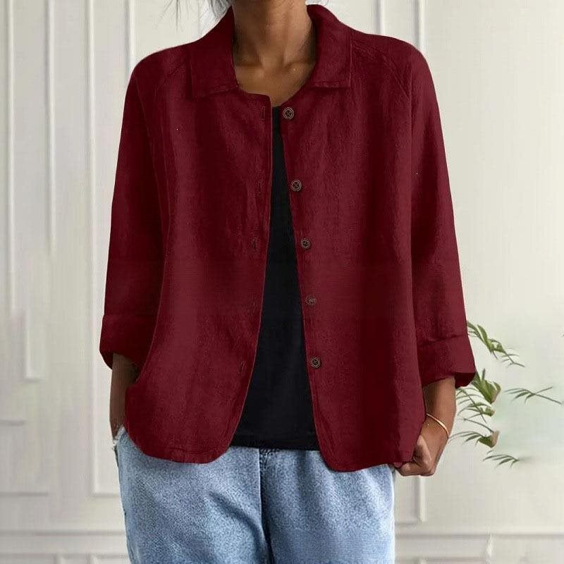 Damen Oversized Leinen-Hemdjacke mit Hemdkragen, 3/4-Ärmeln und durchgehender Knopfleiste Shop Nory