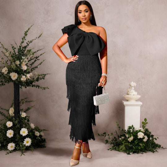 Damen Cocktailkleid mit voluminösem Rüschendesign und Fransen