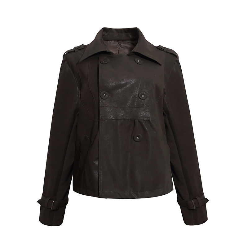 Damen Cropped Doppelreihige Lederjacke im Trenchstil mit Schulterklappen Shop Nory