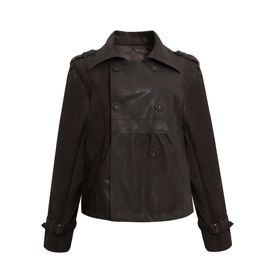 Damen Cropped Doppelreihige Lederjacke im Trenchstil mit Schulterklappen Shop Nory