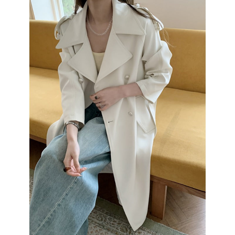 Damen Midilanger Trenchcoat mit Oversize-Schultern und Perlmuttknöpfen Shop Nory