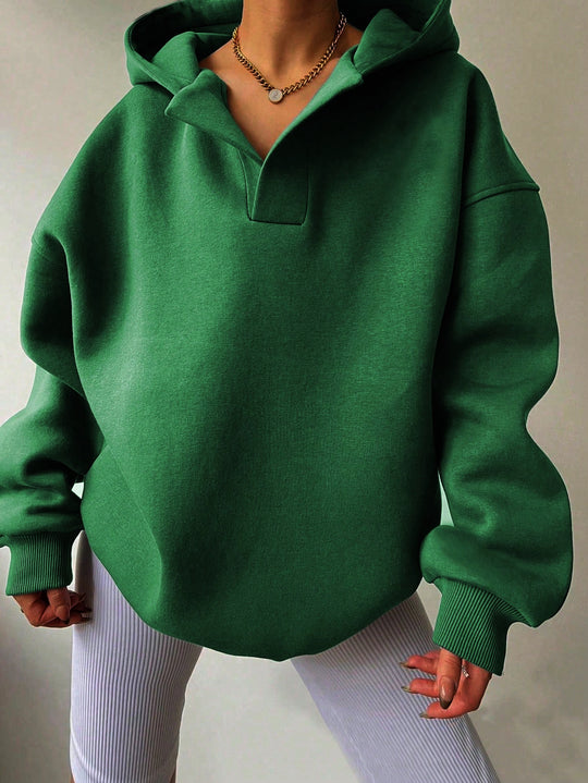 Damen Oversize-Kapuzenpullover mit V-Öffnung, tiefer Schulternaht und gerippten Bündchen Shop Nory