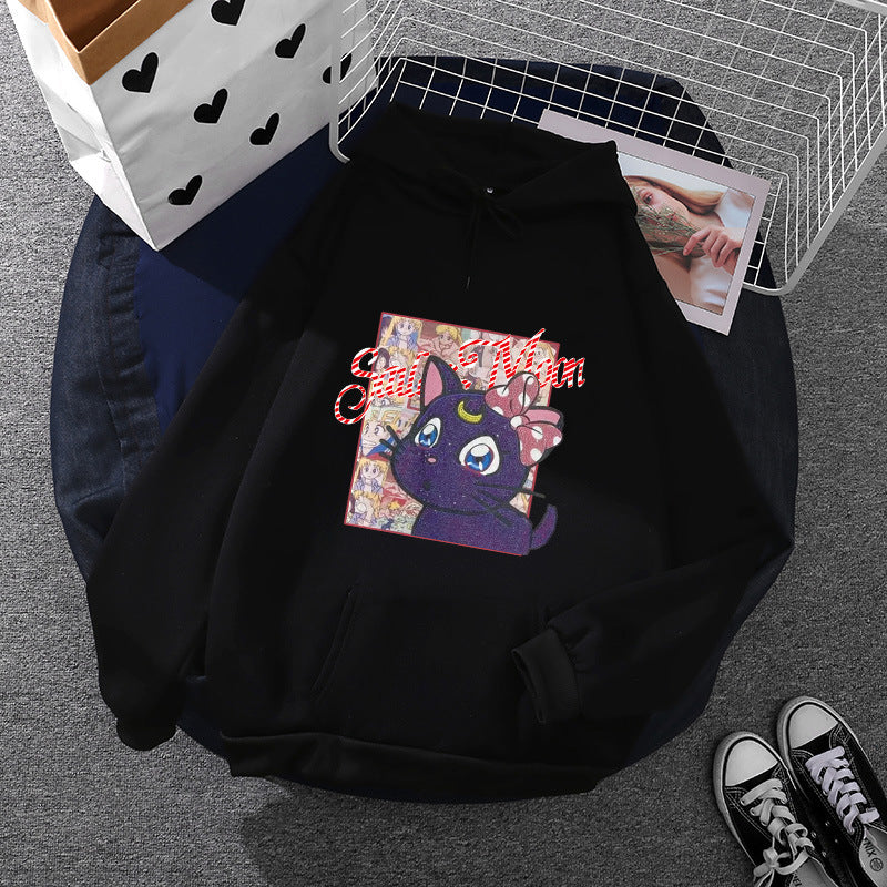 Damen nan Oversize-Kapuzenpullover mit glitzerndem Anime-Katzen-Motiv, Kängurutasche und weichem Fleece-Innenfutter Shop Nory