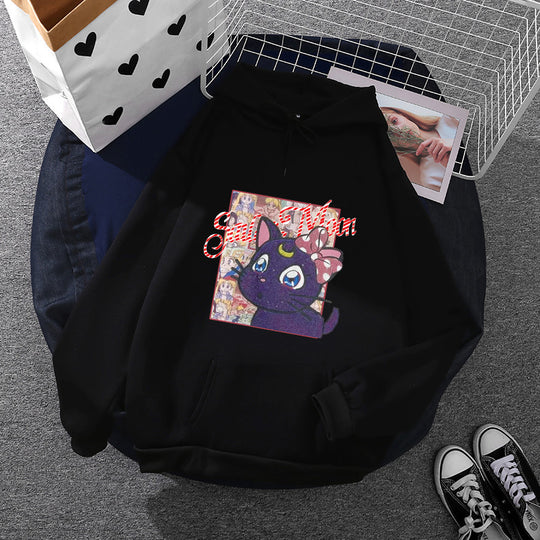 Damen nan Oversize-Kapuzenpullover mit glitzerndem Anime-Katzen-Motiv, Kängurutasche und weichem Fleece-Innenfutter Shop Nory