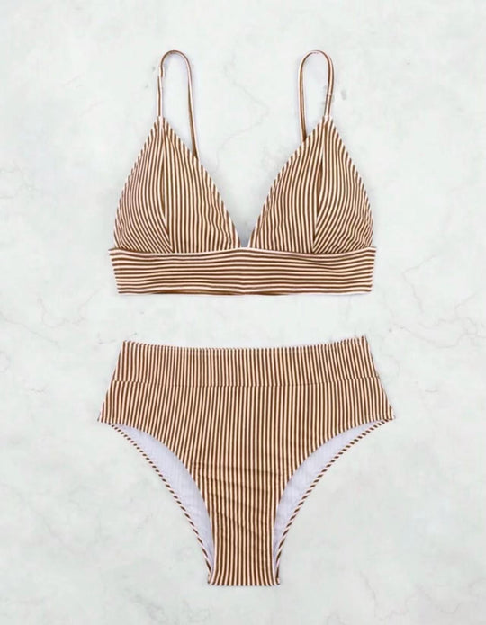 Damen Hochgeschnittener Bikini mit elegantem Streifenmuster