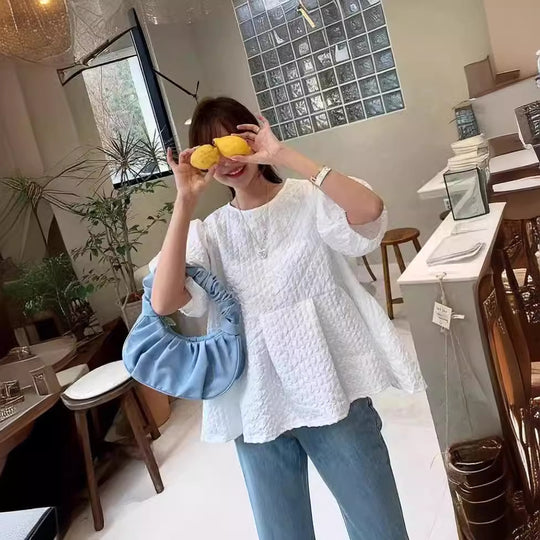 Damen Überweite Strukturierte Tunika-Bluse mit Ballonärmeln Shop Nory
