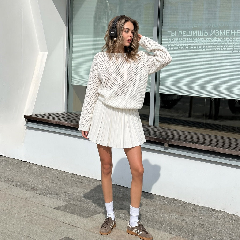 Damen oversized Netzstrickpullover mit plissiertem Minirock-Set Shop Nory