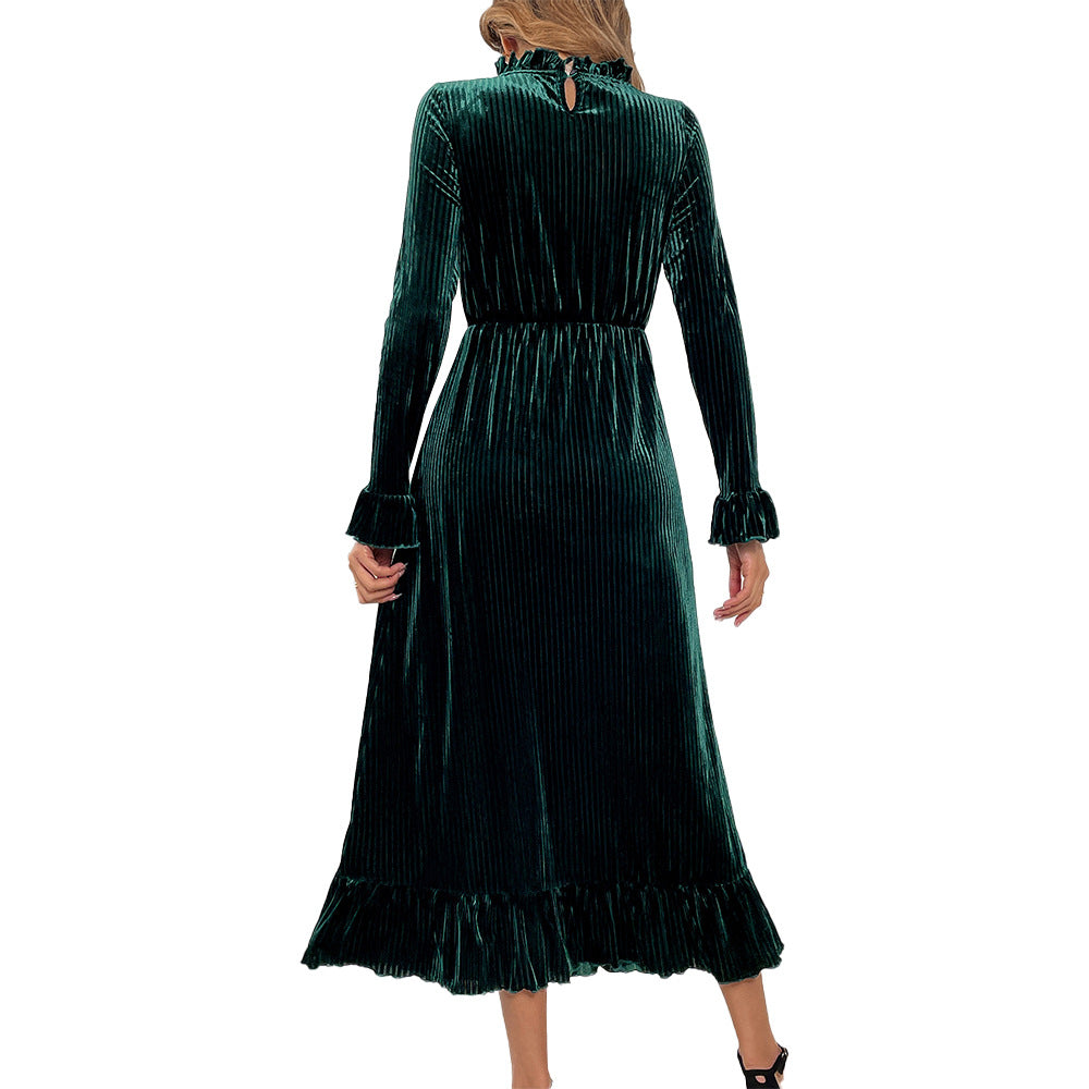 Damen Midikleid aus plissiertem Samt mit Stehkragen geraffter Taille und Volant-Saum Shop Nory