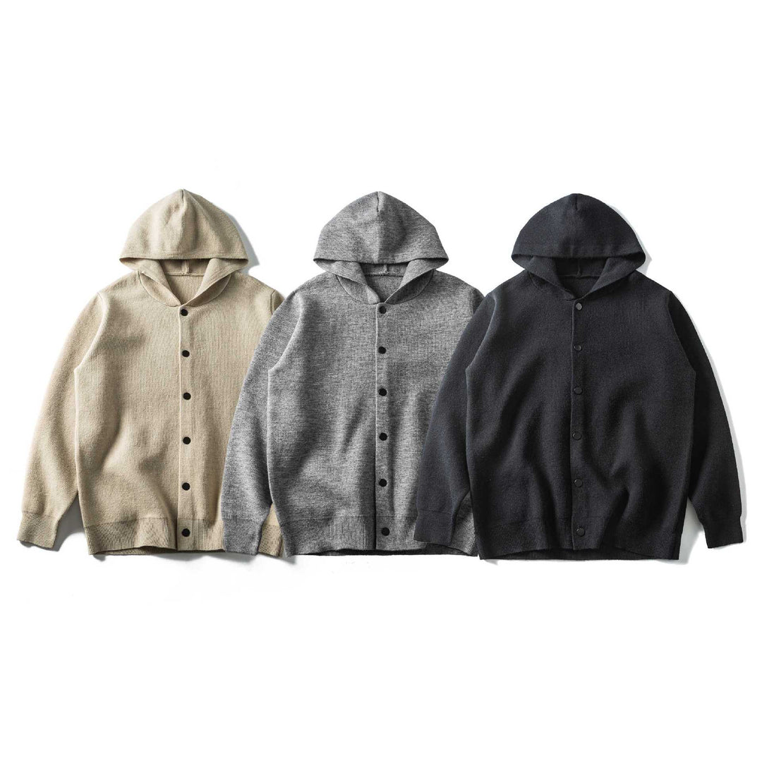 Unisex Leichte Kapuzen‑Strickjacke mit Druckknopfleiste und Rippbündchen Shop Nory