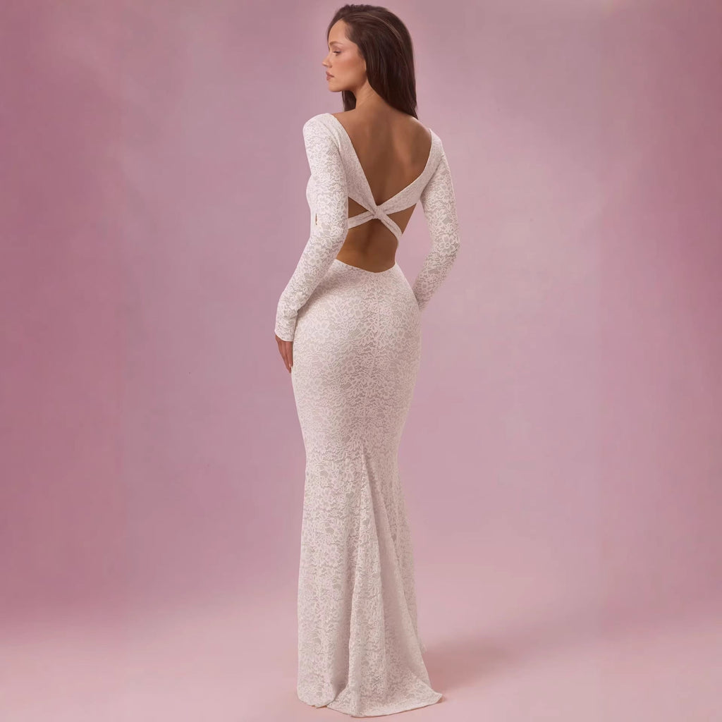 Damen Elegantes Spitzen-Maxikleid mit taillierter Silhouette und langem Arm Shopnory