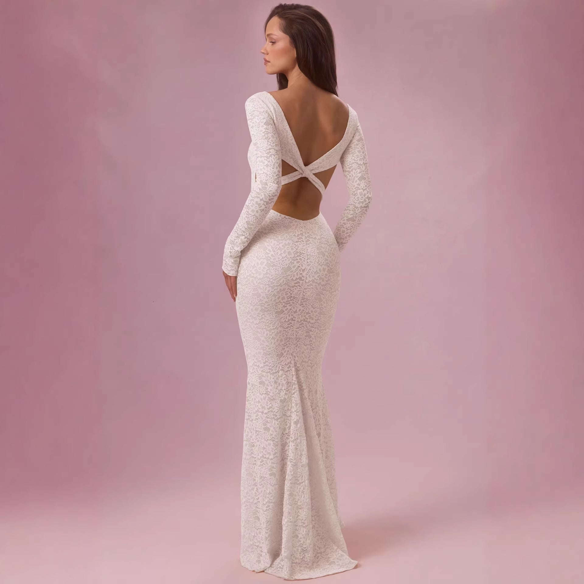 Damen Elegantes Spitzen-Maxikleid mit taillierter Silhouette und langem Arm Shopnory