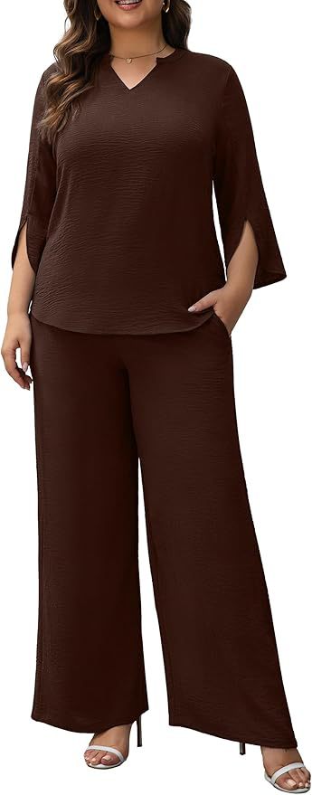 Damen Elegantes Zweiteiliges Palazzo-Set mit V‑Ausschnitt und geschlitzten 3/4‑Ärmeln Shop Nory
