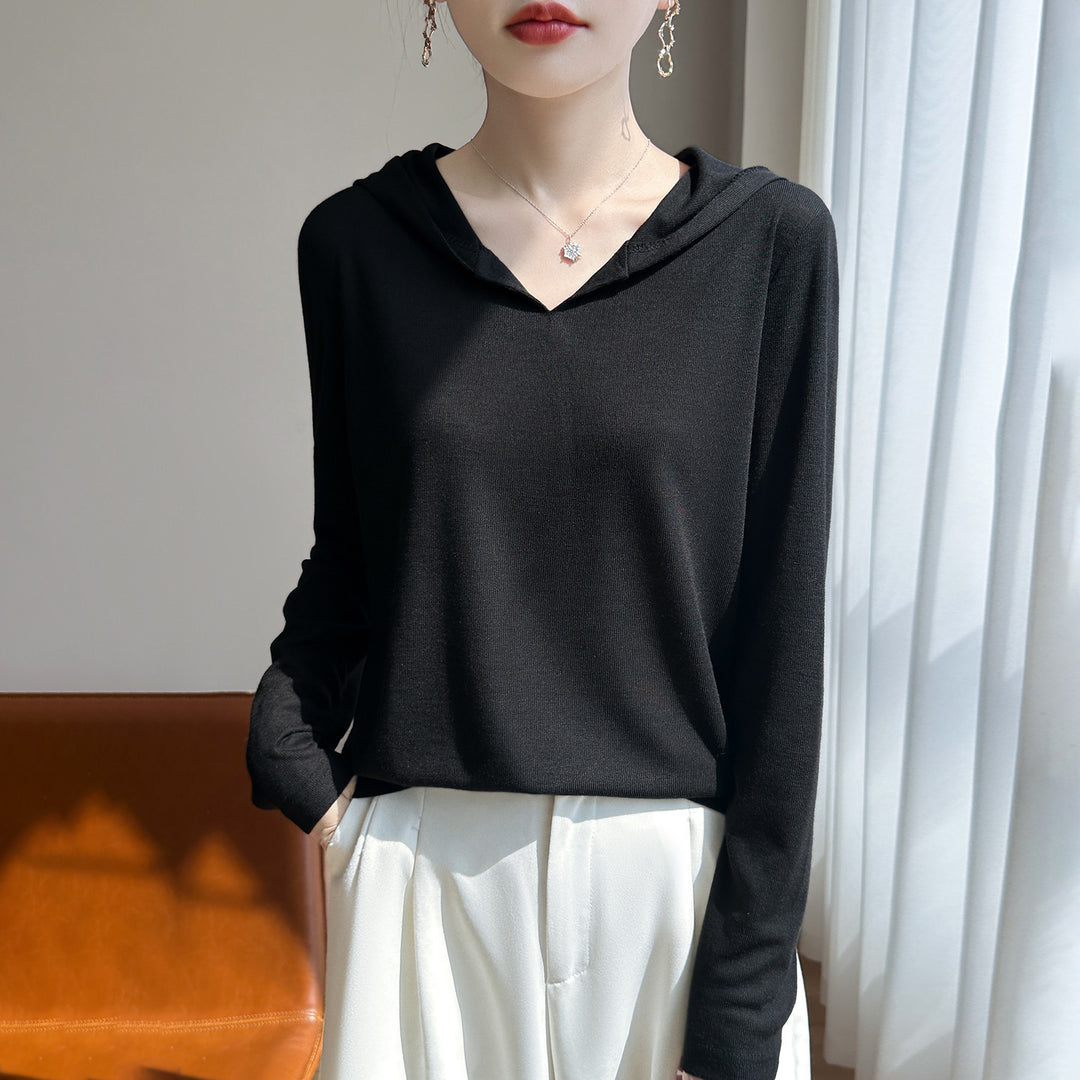 Damen Leichter Kapuzenpullover mit V‑Ausschnitt und feinem Jersey Shop Nory