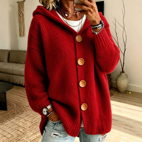 Damen Grobgestrickter Kapuzencardigan mit überlanger Silhouette, Holzknopfleiste und gerippten Bündchen Shop Nory