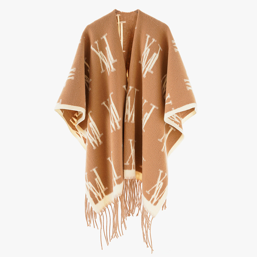 Damen Oversize-Monogramm-Capeponcho aus Wollmix mit Fransensaum Shop Nory