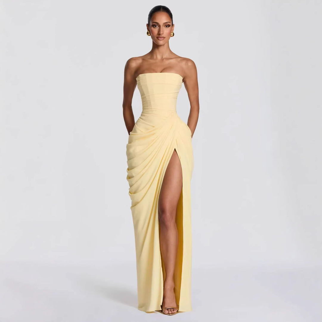 Damen Elegantes Bandeau Abendkleid mit Raffungen und Beinschlitz