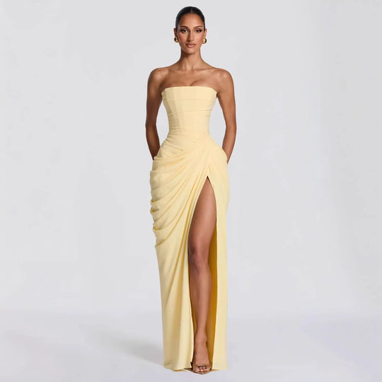 Damen Elegantes Bandeau Abendkleid mit Raffungen und Beinschlitz