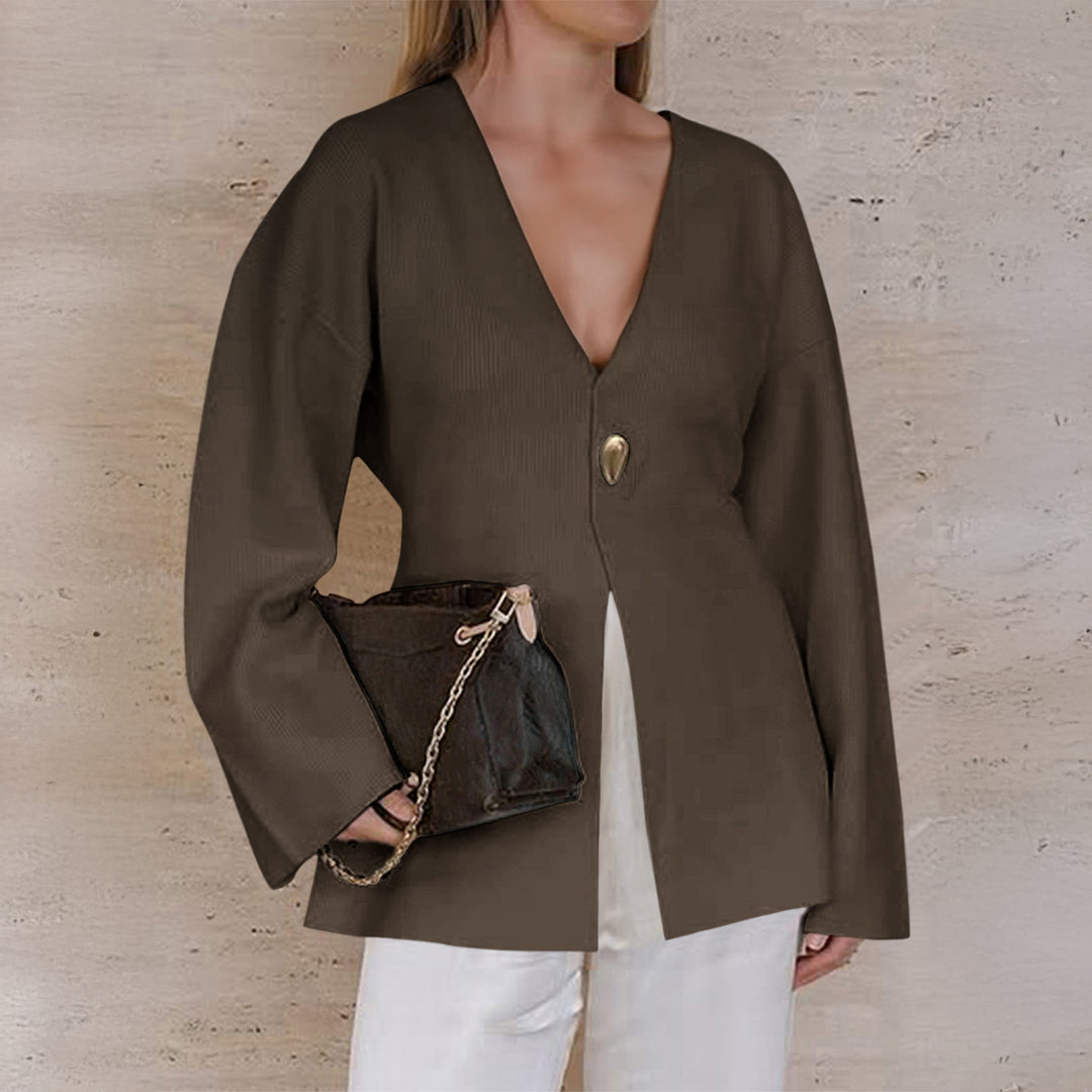 Damen nan taillierter Feinstrick-Cardigan mit V-Ausschnitt, Zierknopf und frontaler Schlitz Shop Nory