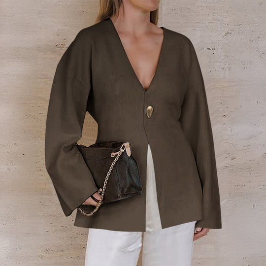 Damen nan taillierter Feinstrick-Cardigan mit V-Ausschnitt, Zierknopf und frontaler Schlitz Shop Nory