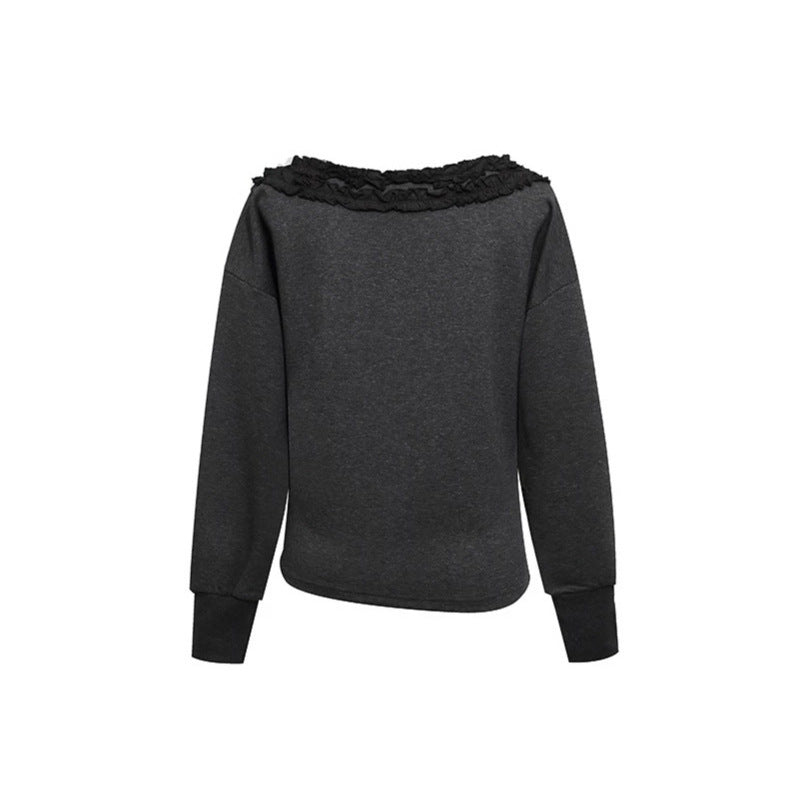 Damen Sweatshirt mit Carmen‑Ausschnitt, Spitzenrüsche und seitlicher Raffung Shop Nory