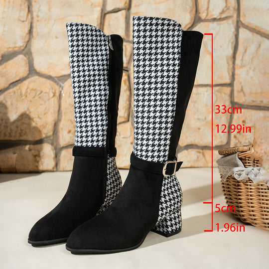 Damen kniehohe Stiefel mit Hahnentritt-Schaft, seitlichem Reißverschluss und komfortablem Blockabsatz Shop Nory