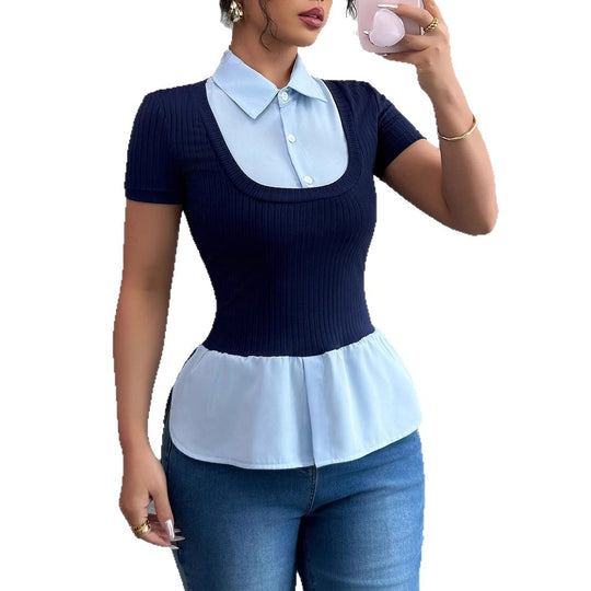 Damen Kurzärmeliges Layering-Top mit Fake-Hemdkragen und Rippstrickkörper Shop Nory