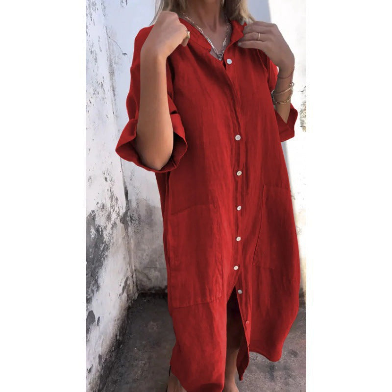 Lässiges Baumwoll-Leinen Shirtkleid mit Dreiviertelärmeln