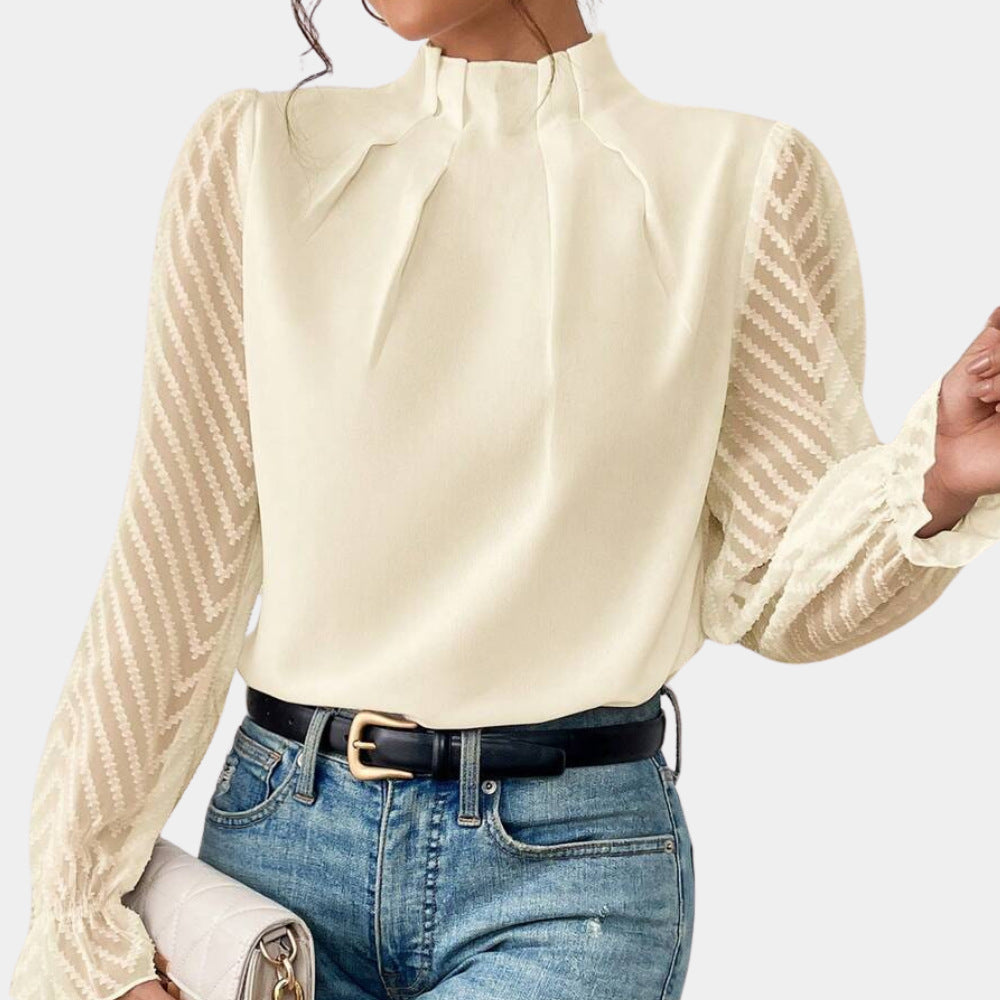 Damen Elegante Chiffonbluse mit Stehkragen, Faltenkante und transparenten Jacquard-Ärmeln Shop Nory