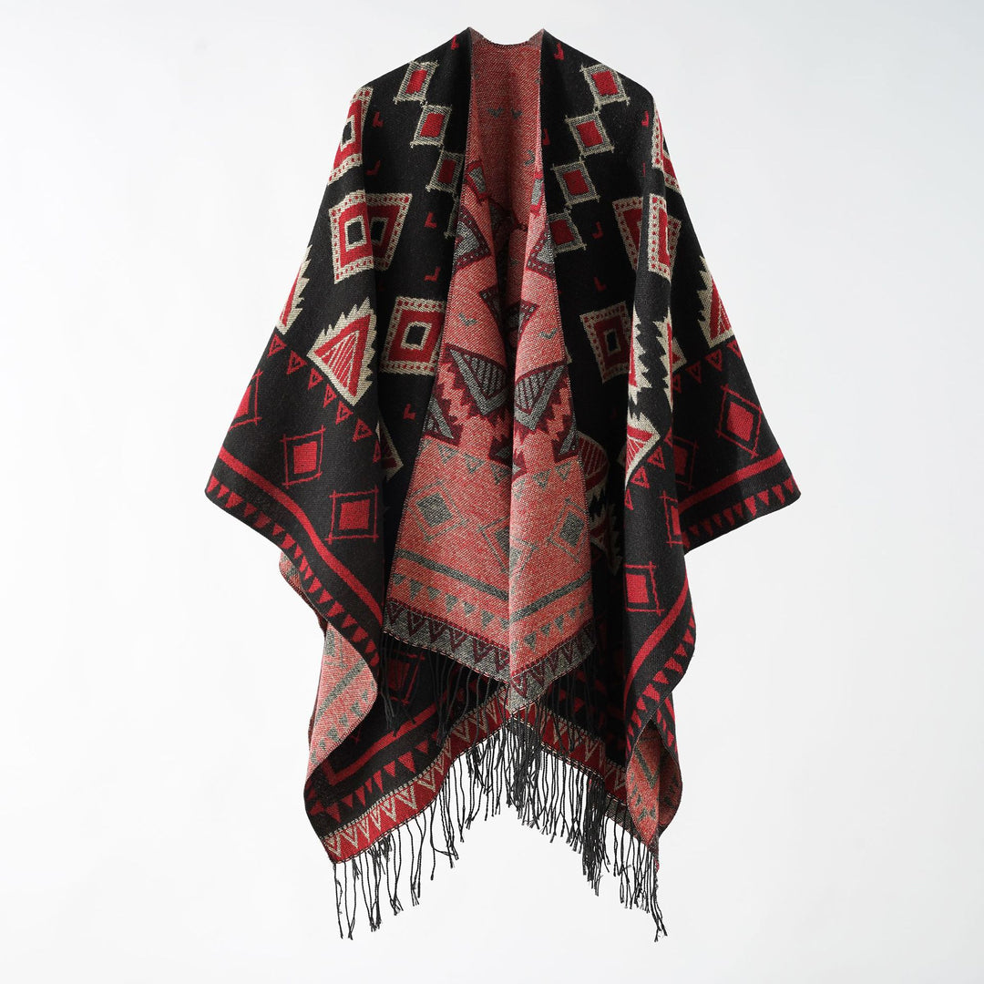 Damen Jacquard‑Wickelruana im Ethno‑Design mit Fransen und offenem Fall Shop Nory