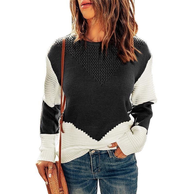 Damen Farbblock-Strickpullover mit strukturiertem Yoke und gerippten Ärmeln Shop Nory