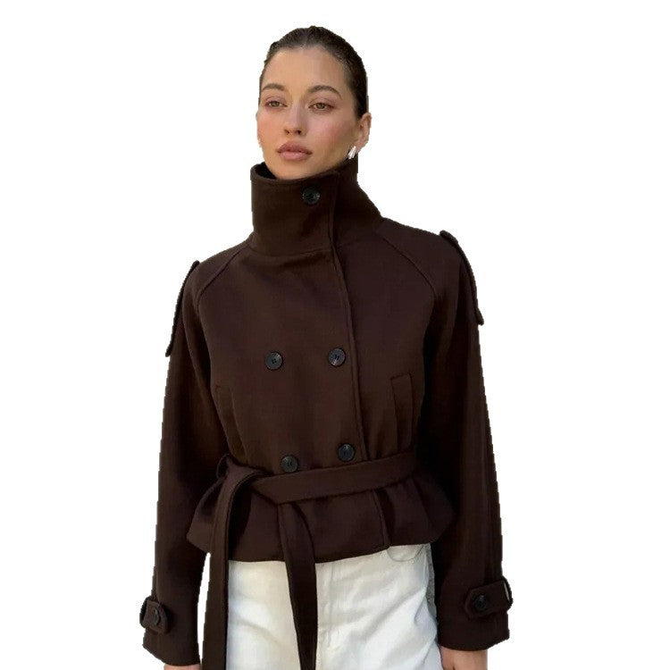 Damen Kurz geschnittene Wollmix-Jacke mit hohem Stehkragen und Taillengürtel Shop Nory