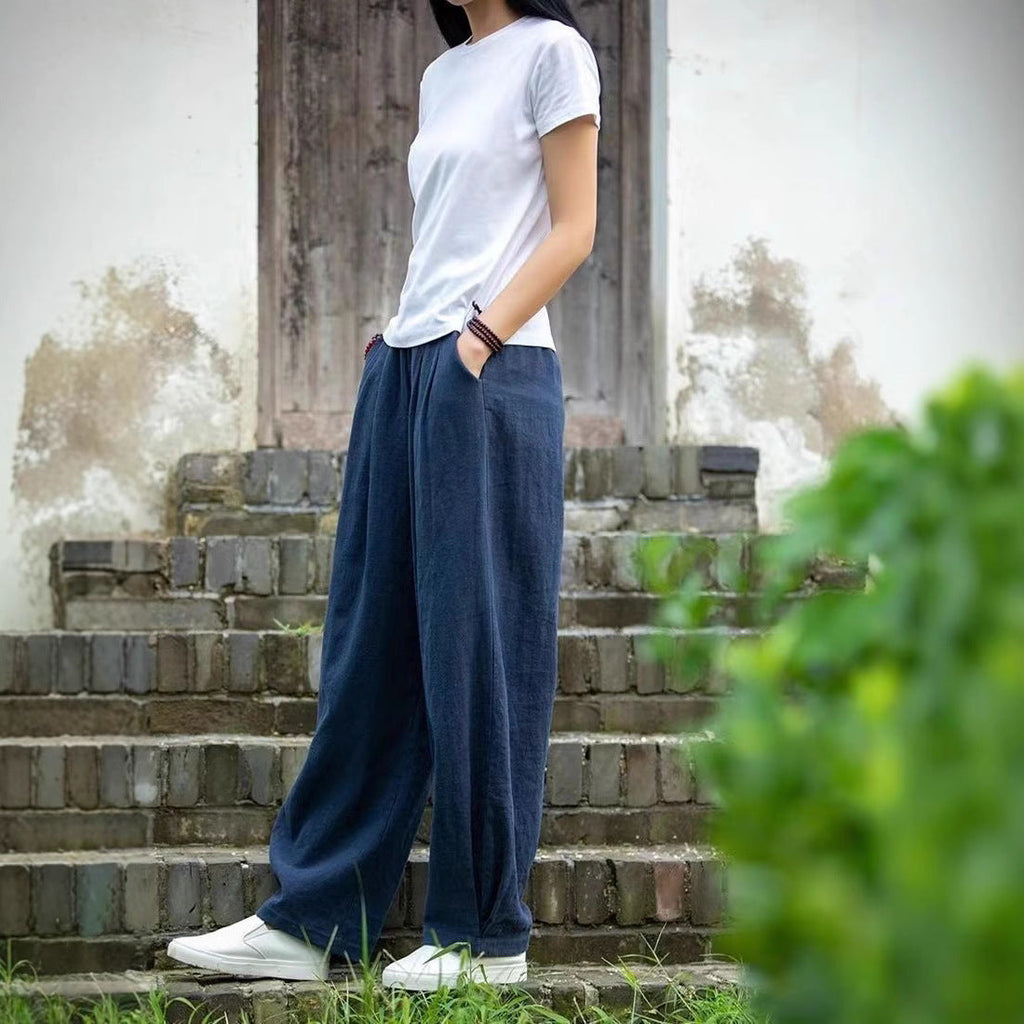Damen weite Leinenhose mit elastischem Bund und seitlichen Taschen