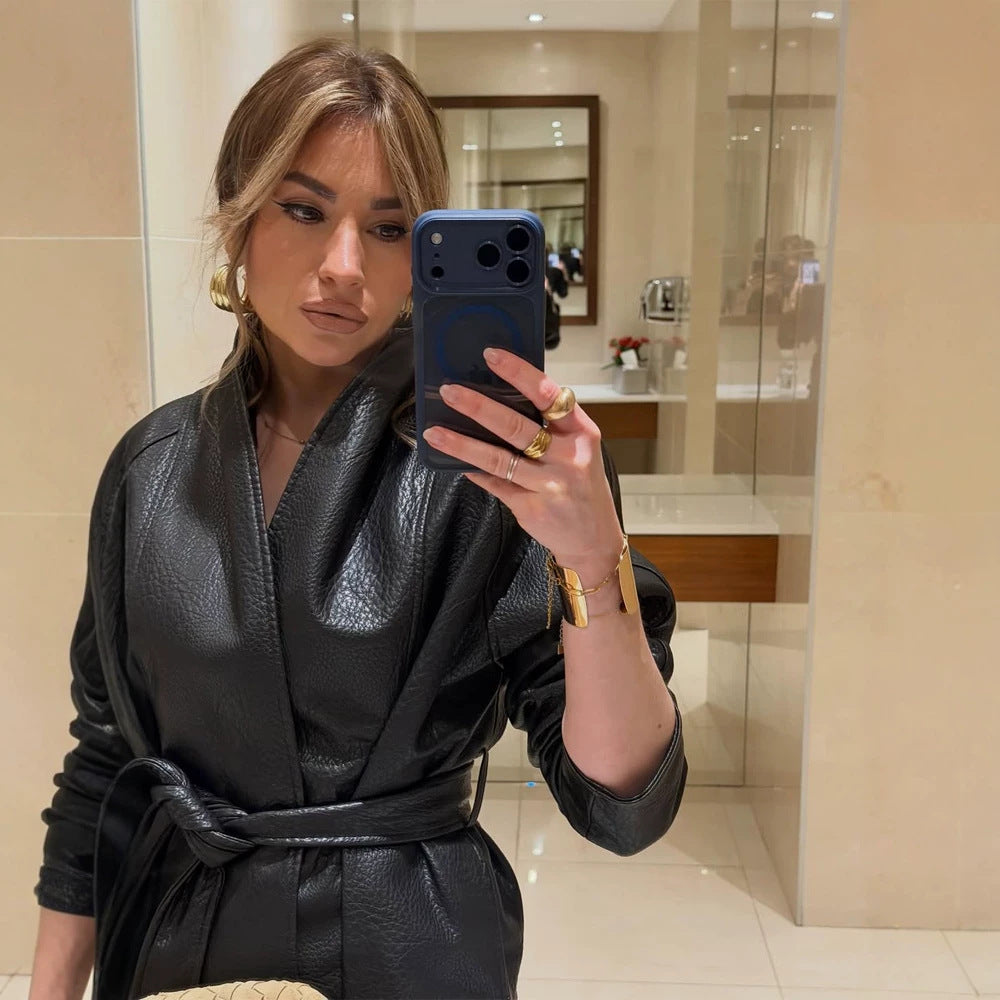 Damen Taillierte Lederjacke mit Wickelgürtel und Kimono-Kragen Shop Nory