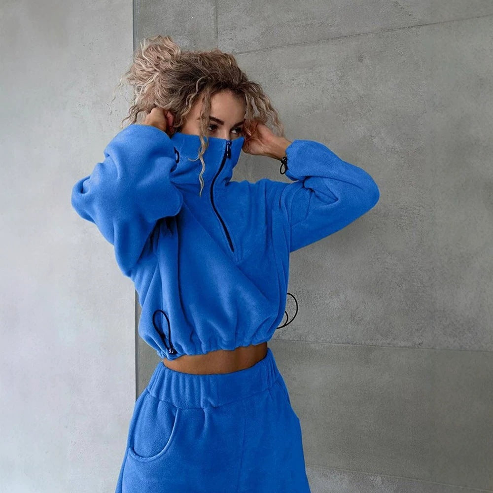 Damen Fleece-Cropped-Sweatshirt mit halbem Reißverschluss und Tunnelzug Shop Nory