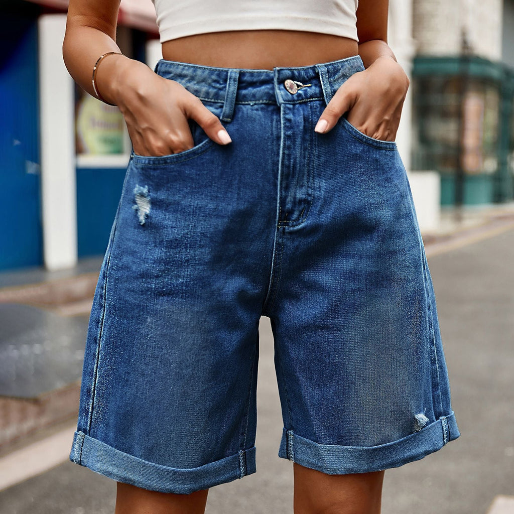 Damen entspannte Denim-Shorts mit umgeschlagenem Saum