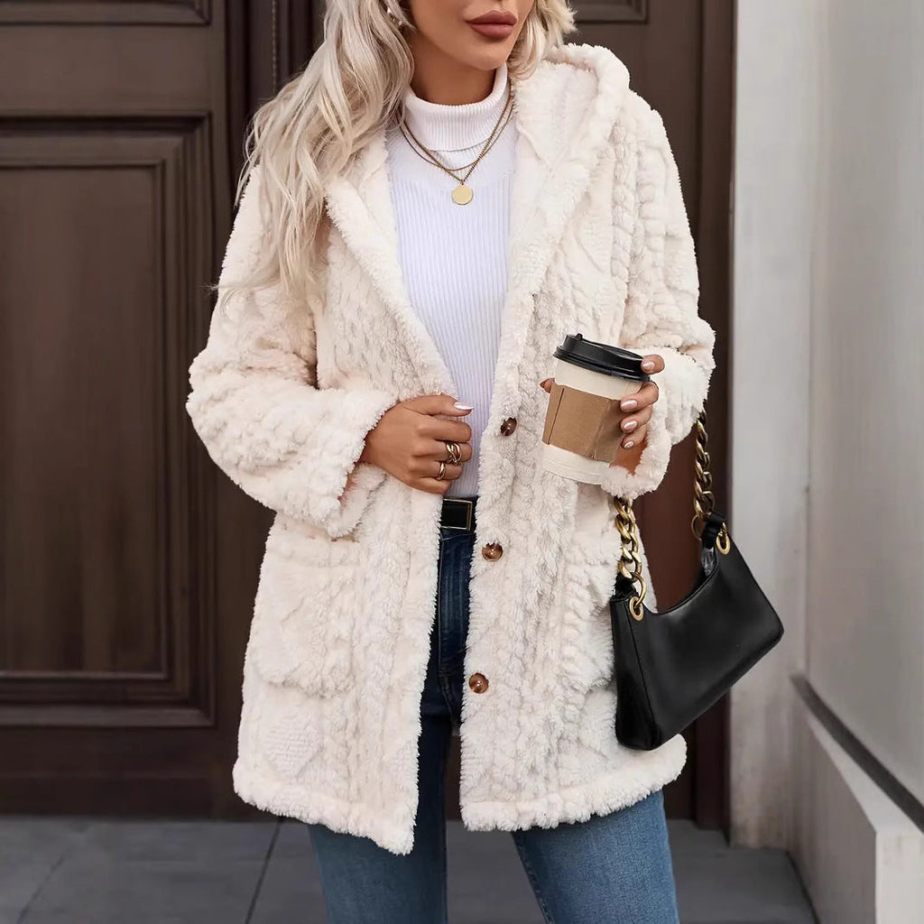 Damen angenehme und weiche Plüschjacke mit Kapuze und Taschen