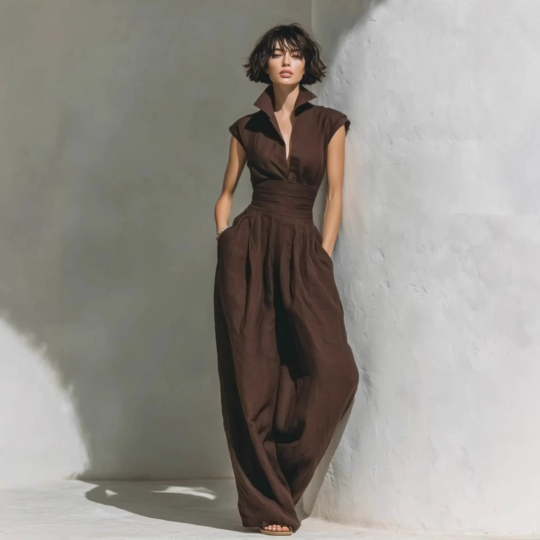 Damen Jumpsuit mit weitem Bein, tailliertem Wickelbund und Stehkragen Shop Nory
