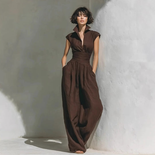 Damen Jumpsuit mit weitem Bein, tailliertem Wickelbund und Stehkragen Shop Nory