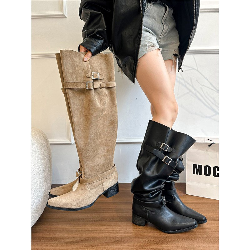 Damen Kniehohe Stiefel im Reiterstil mit verstellbaren Schnallen Shop Nory
