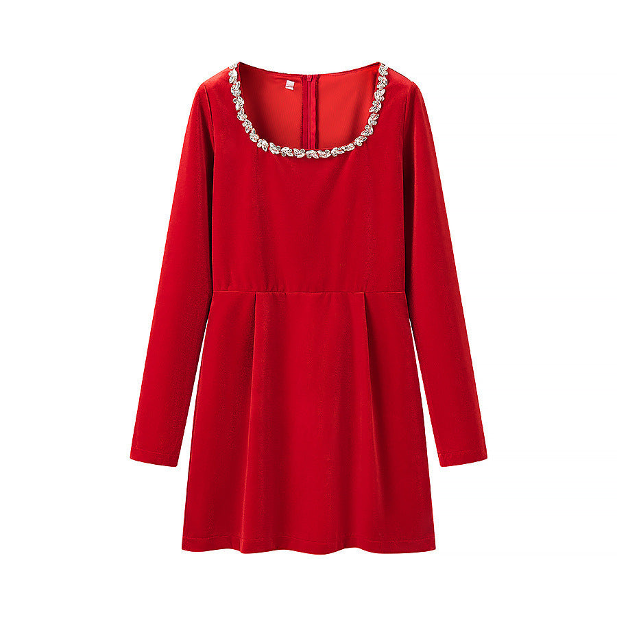 Damen Samtkleid mit taillierter Korsage, quadratischem Ausschnitt und floraler Zierkante Shop Nory