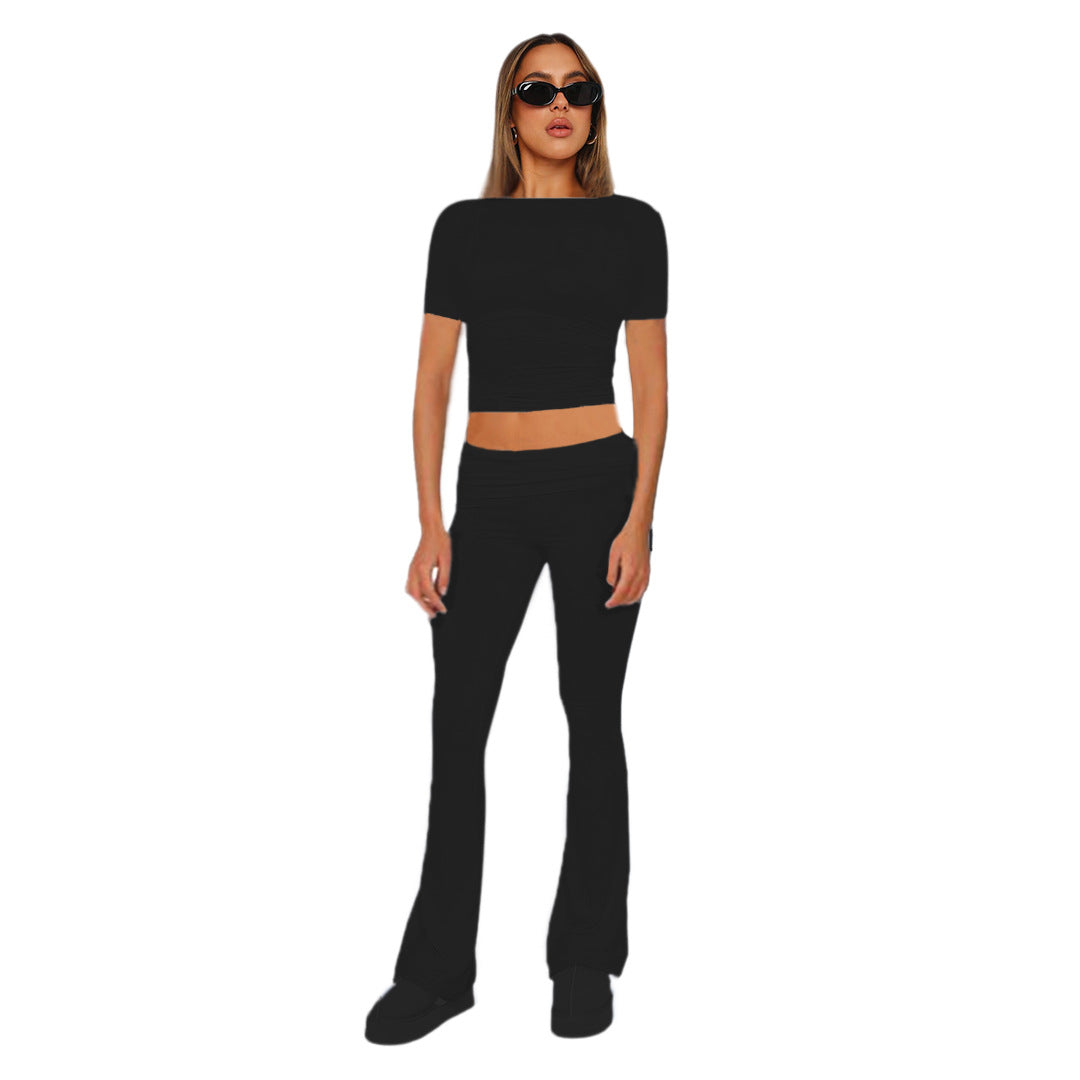 Figurbetonendes Damen-Crop-Set aus Stretch-Jersey mit hoch taillierten, ausgestellt Hosen Shop Nory