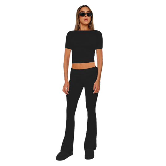 Figurbetonendes Damen-Crop-Set aus Stretch-Jersey mit hoch taillierten, ausgestellt Hosen Shop Nory