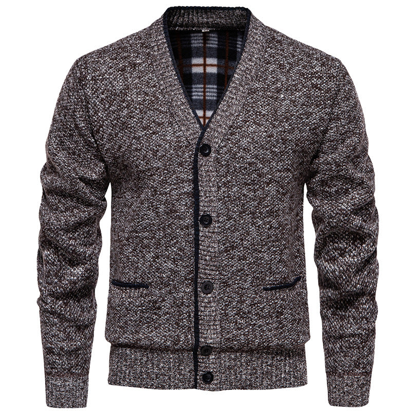 Herren Strukturierter V-Ausschnitt Strickcardigan mit kontrastierter Kante und kariertem Innenbesatz Shop Nory