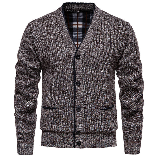 Herren Strukturierter V-Ausschnitt Strickcardigan mit kontrastierter Kante und kariertem Innenbesatz Shop Nory