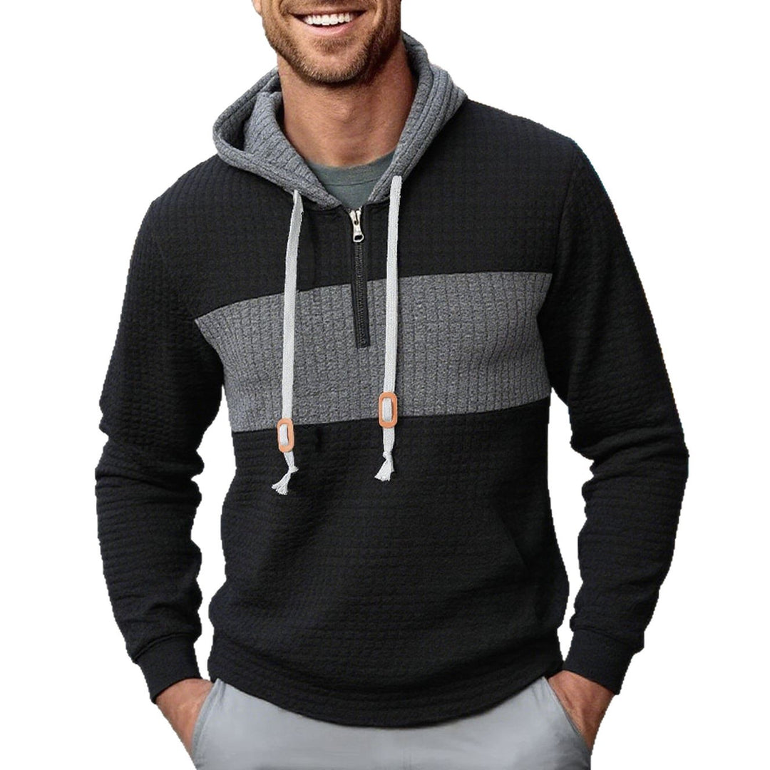 Herren strukturierter Kapuzenpullover mit halbem Reißverschluss, Kontrastbrust und Kängurutasche Shop Nory