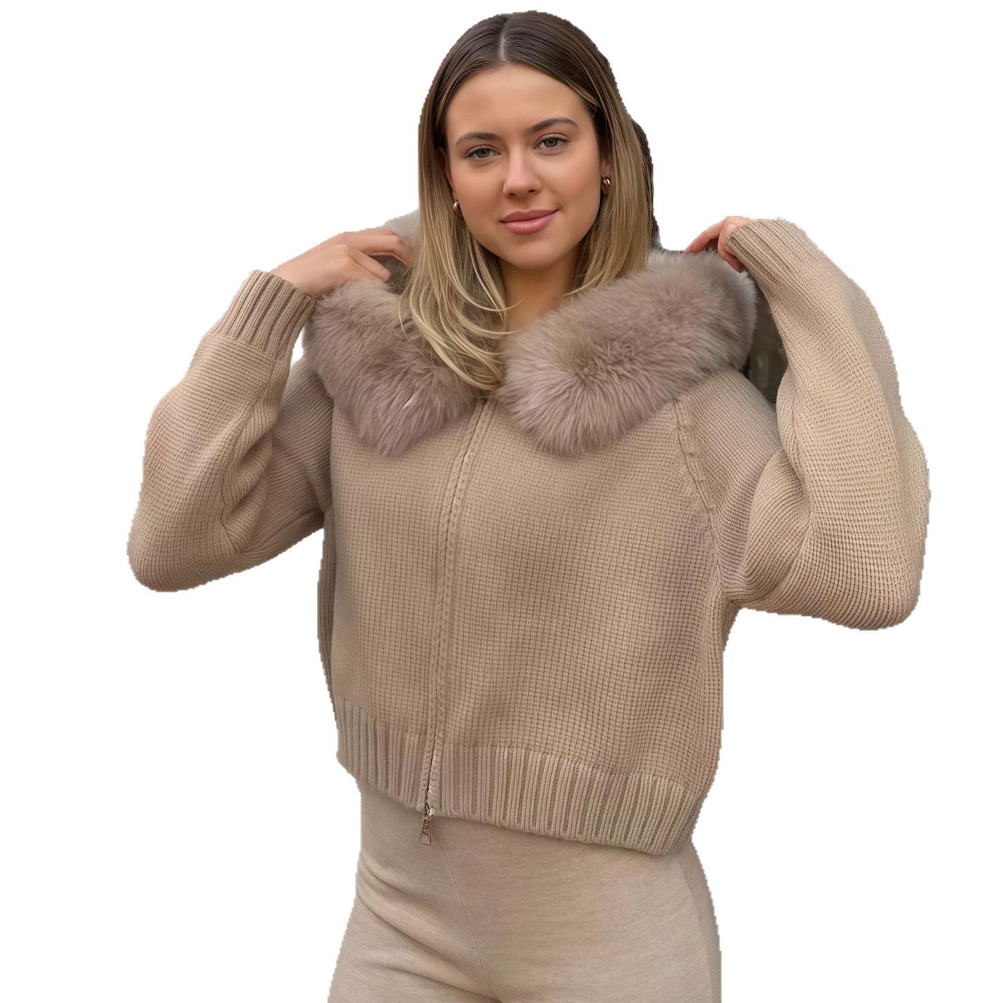 Damen Strickjacke mit Kunstfellkapuze Shopnory