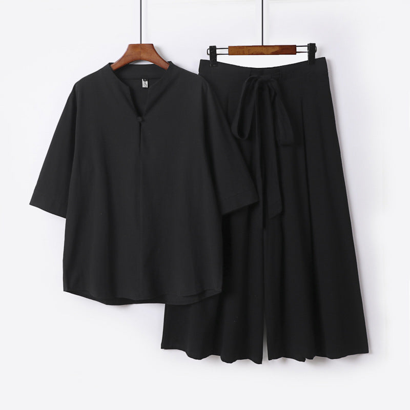 Damen Lässiges Leinen-Viskose Lounge-Set mit Stehkragen-Oberteil und weiten Palazzo-Hose Shop Nory