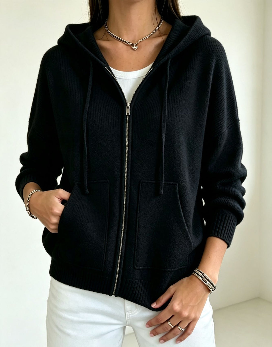 Damen Kapuzen-Wollmix Zip-Cardigan mit kastiger Passform und Kängurutaschen Shop Nory